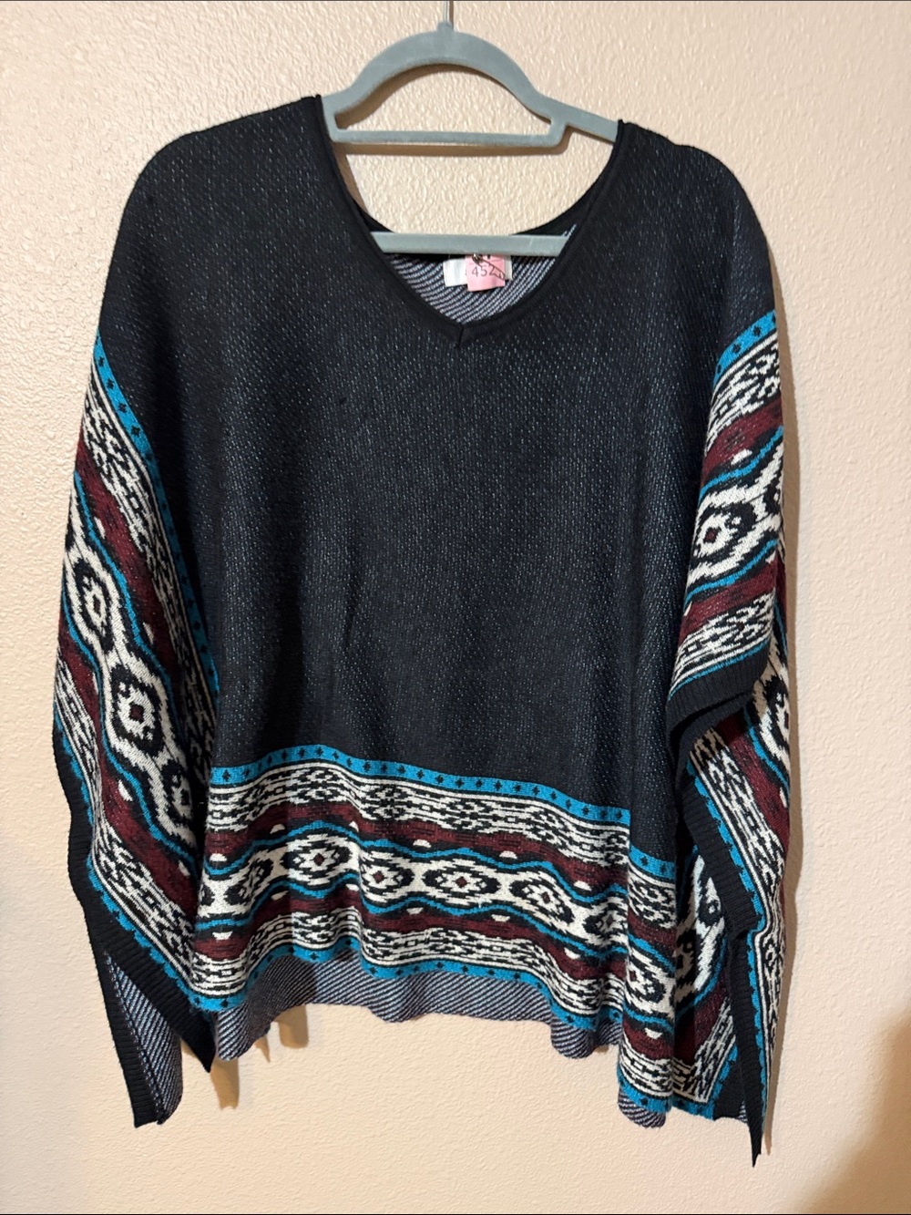 Black V-Neck Sweater Poncho with Turquoise & Burgundy Pattern